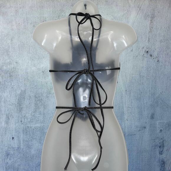 New Medium Denim Fringe‎ Cross Backless Halter Top Crop Blouse Sleeveless Sexy - Picture 4 of 4